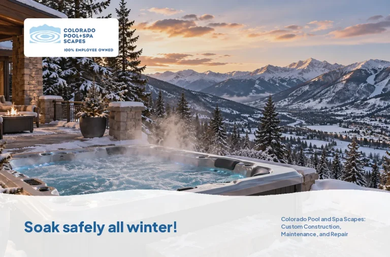 Steaming hot tub on a snowy mountain deck at sunset, a reminder that you can use a hot tub in winter